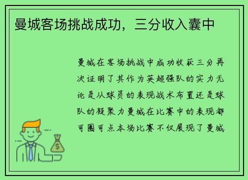 曼城客场挑战成功，三分收入囊中