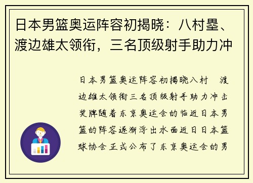 日本男篮奥运阵容初揭晓：八村塁、渡边雄太领衔，三名顶级射手助力冲击奖牌