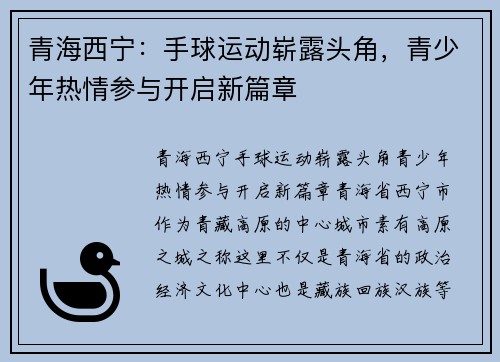 青海西宁：手球运动崭露头角，青少年热情参与开启新篇章