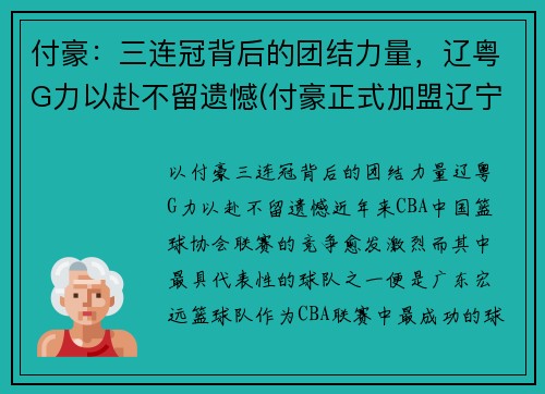 付豪：三连冠背后的团结力量，辽粤G力以赴不留遗憾(付豪正式加盟辽宁)