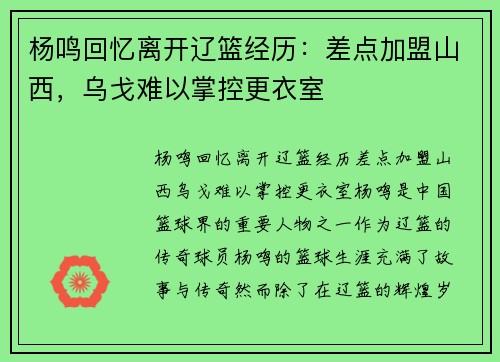 杨鸣回忆离开辽篮经历：差点加盟山西，乌戈难以掌控更衣室